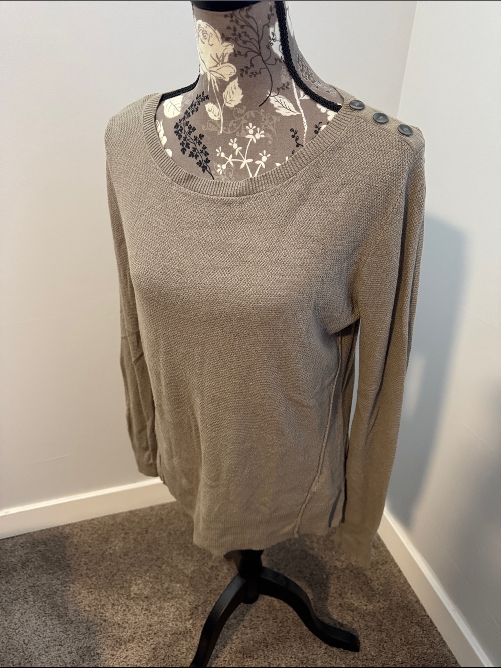 Sigrid Olsen Taupe Button-Shoulder Scoop Neck Sweater